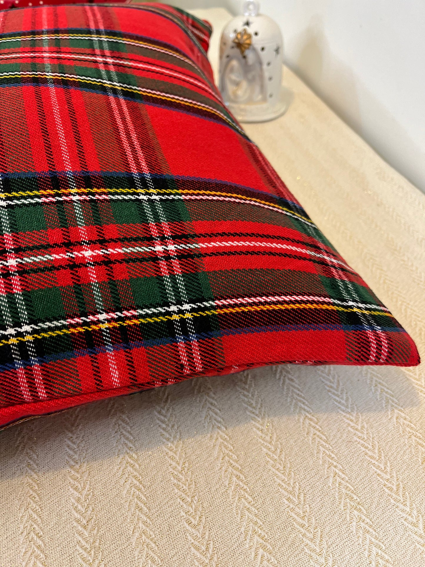 Christmas Cushion Cover - Red Bells on Tartan ( Hand embroidered)