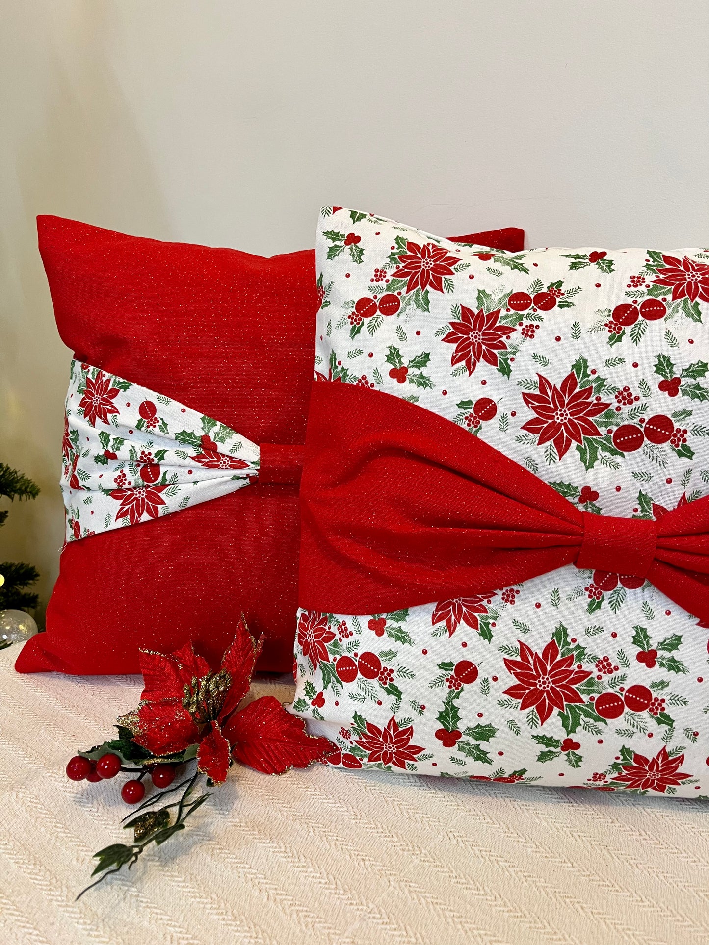 Christmas Cushion Cover - Lil Poinsettia Bow on Red