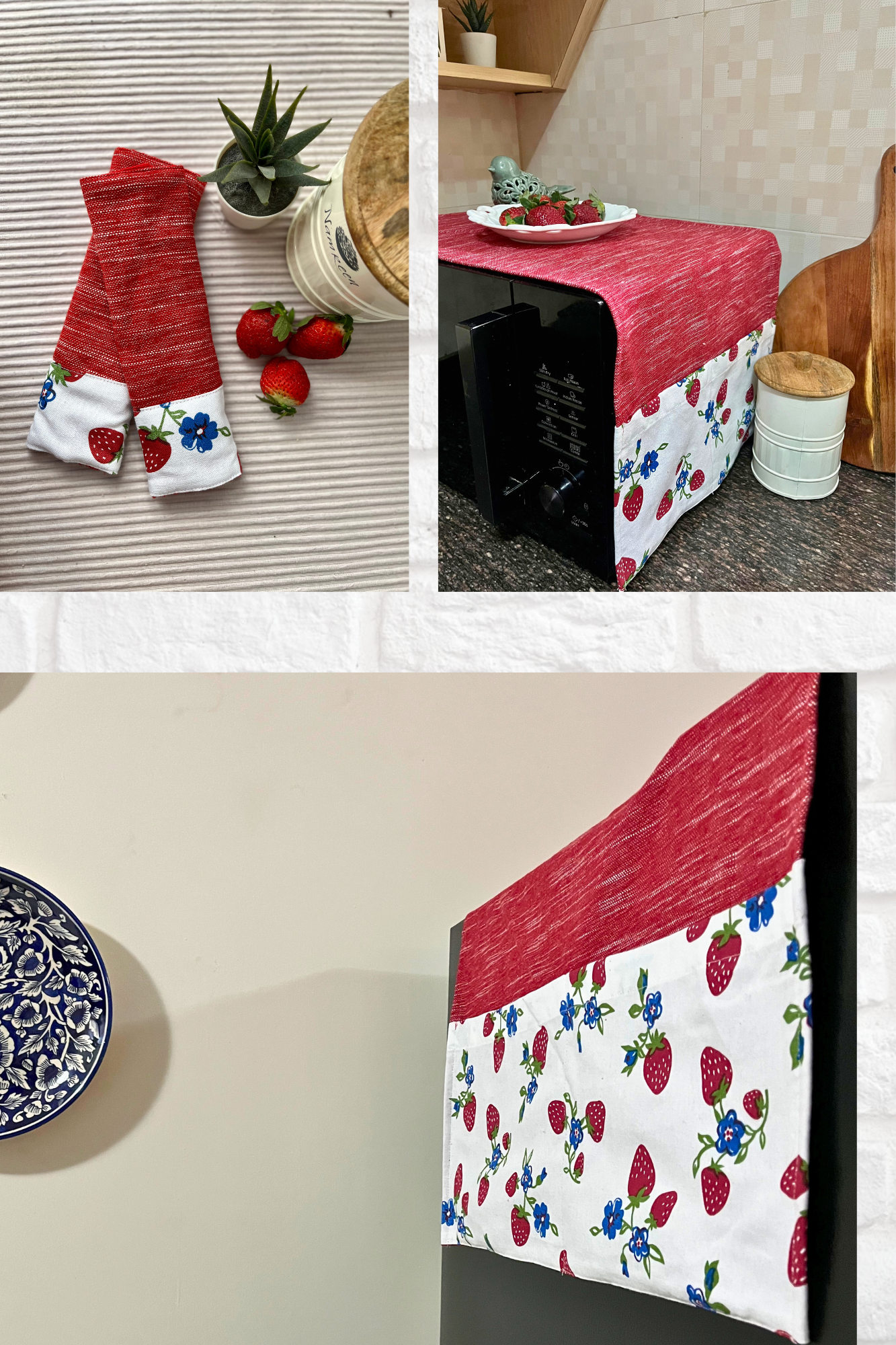 Bundle - Strawberries ( Fridge cover , Fridge Handle Cover, Microwave cover )