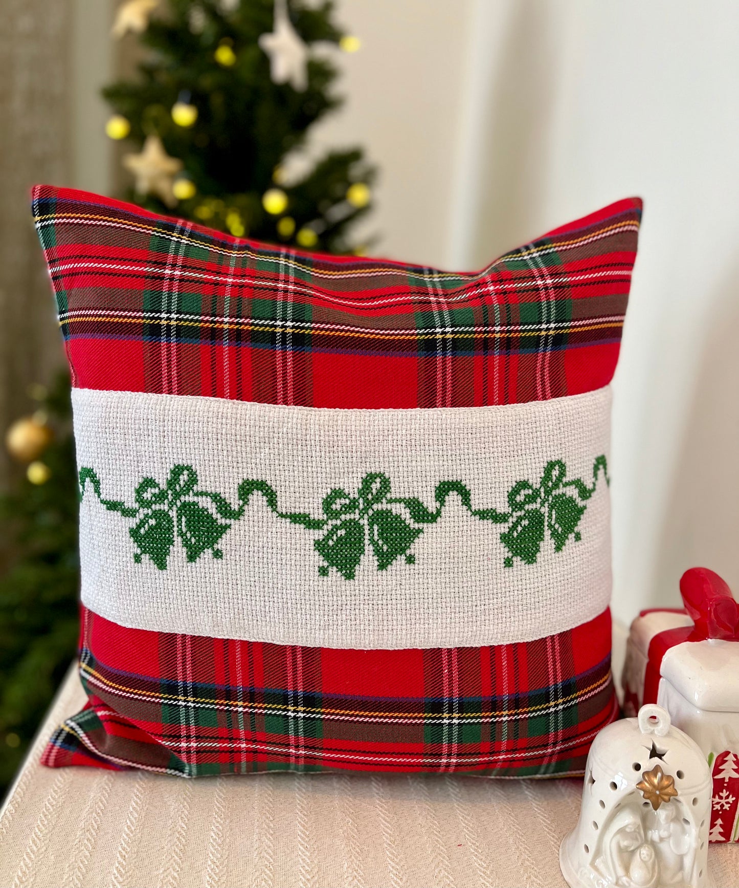Christmas Cushion Cover - Green Bells on Tartan