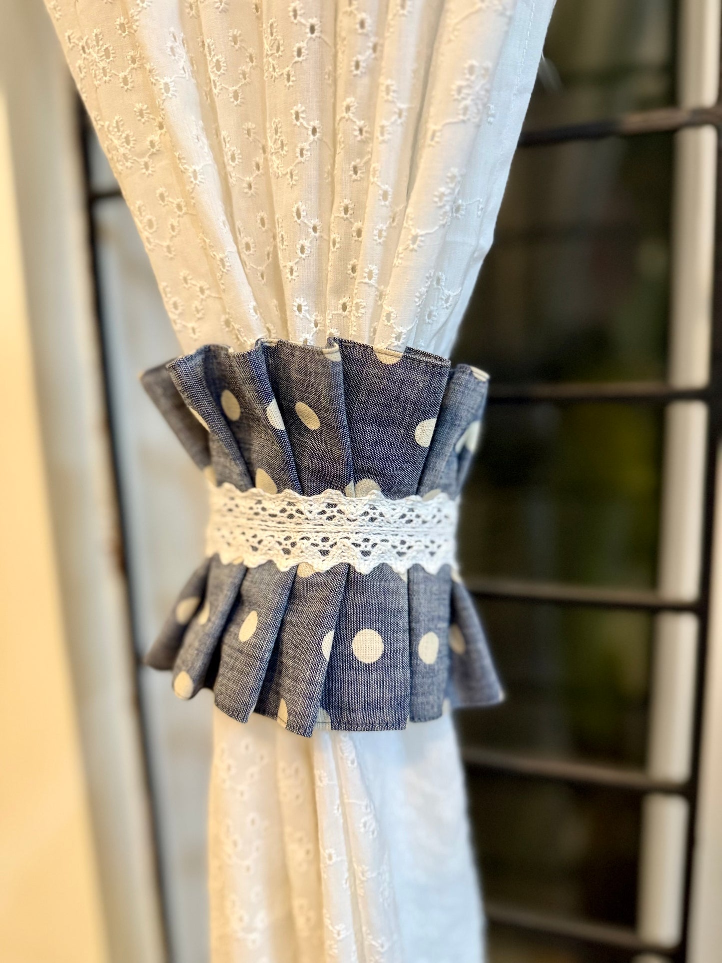 Curtain Tieback - Denim Blue Polka