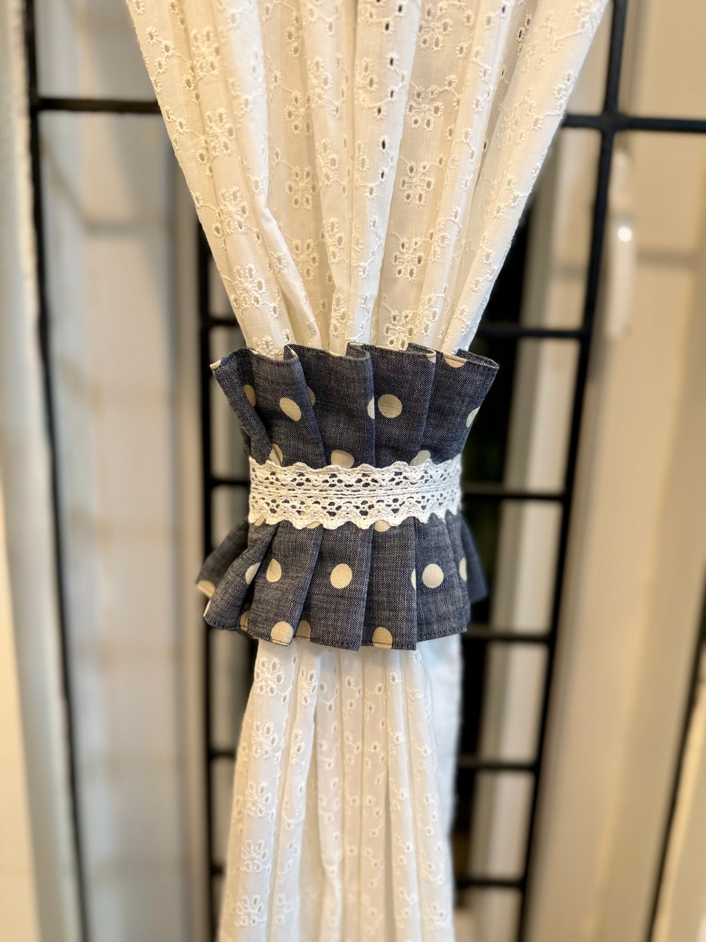 Curtain Tieback - Denim Blue Polka