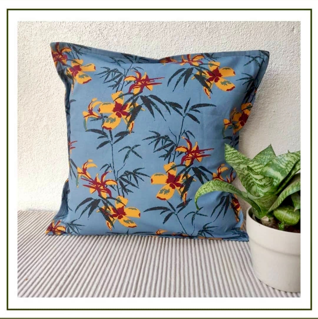 Cushion Cover - Floral on Smokey Blue
