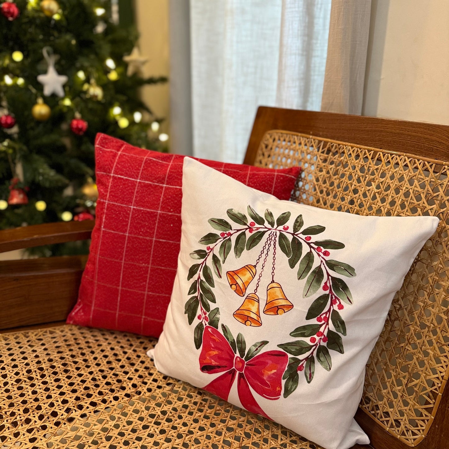 Christmas Cushion Cover - Bells on Wreath