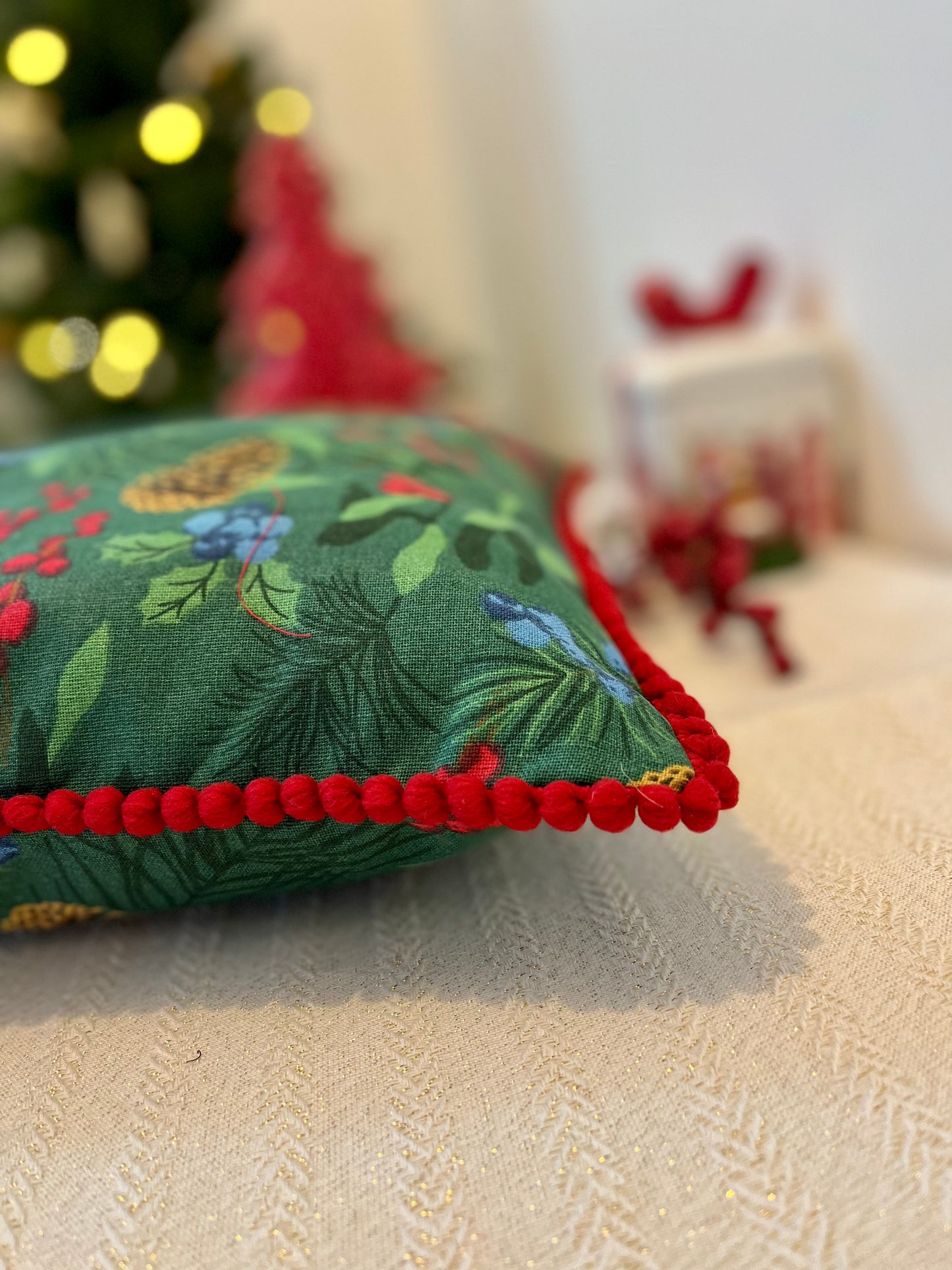 Christmas Cushion Cover- Pine cones & Cherry Bunch