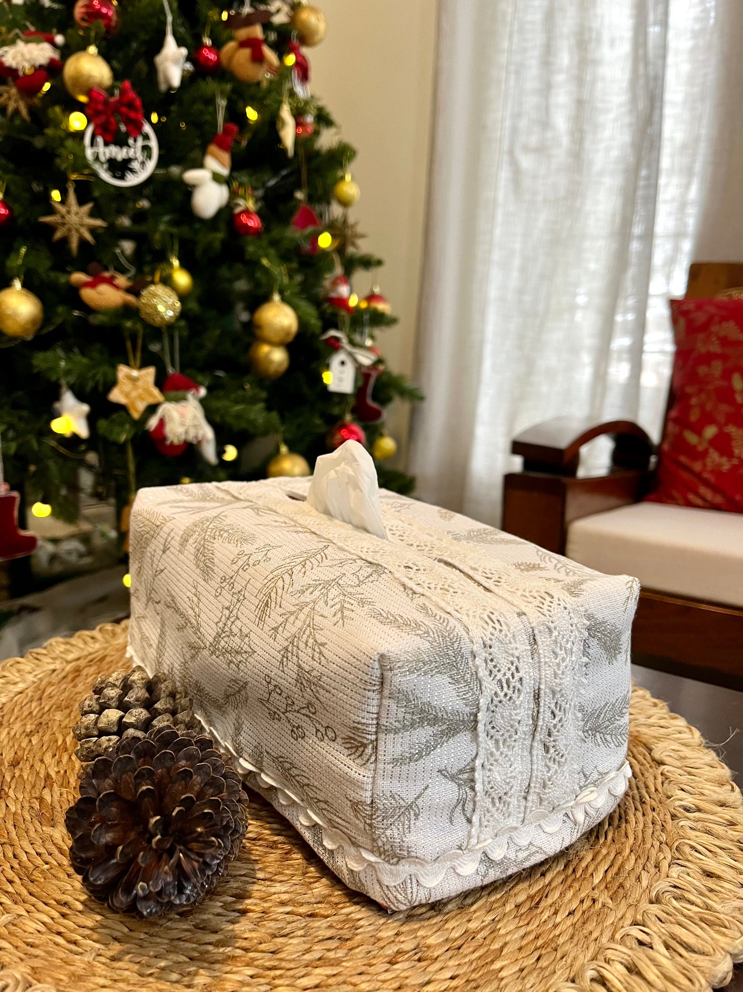 Tissue Box Cover- White Ferns