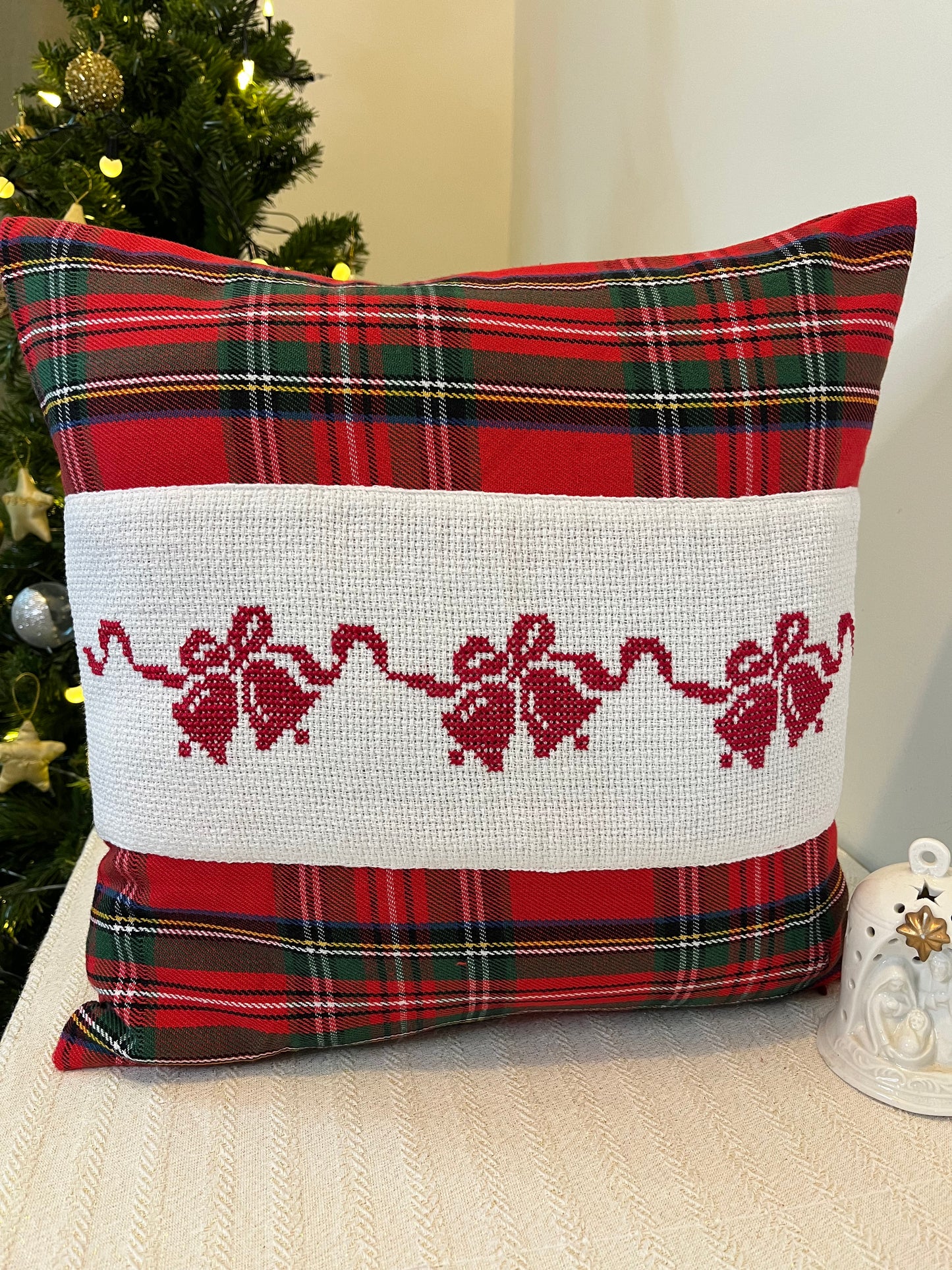 Christmas Cushion Cover - Red Bells on Tartan ( hand embroidered)