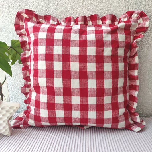 Cushion Cover - Red Checked Ruffles