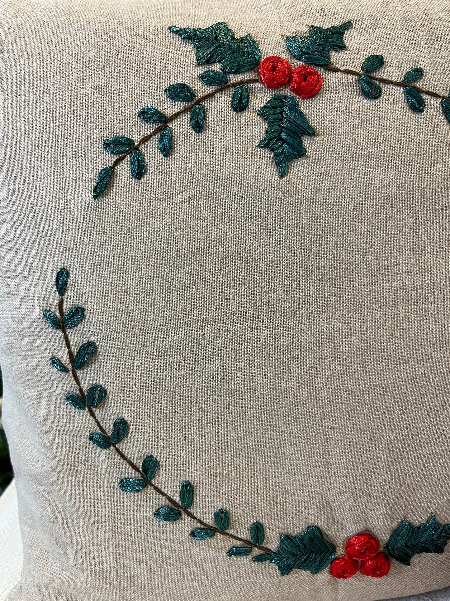 Christmas Cushion Cover - Holly Wreath ( Hand Embroidery)