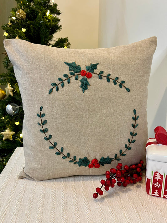 Christmas Cushion Cover - Holly Wreath ( Hand Embroidery)