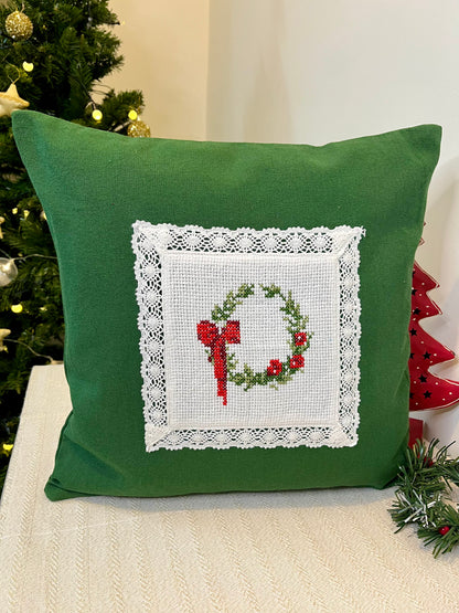 Christmas Cushion Covers -Wreath n Bow ( Hand embroidered)