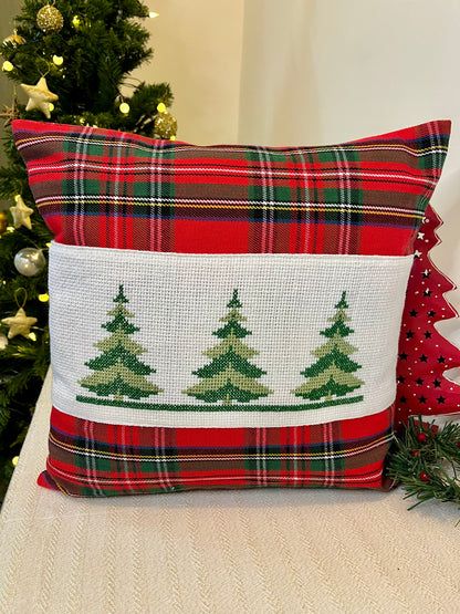 Christmas Cushion Covers - Trees on Plaid ( Handworked