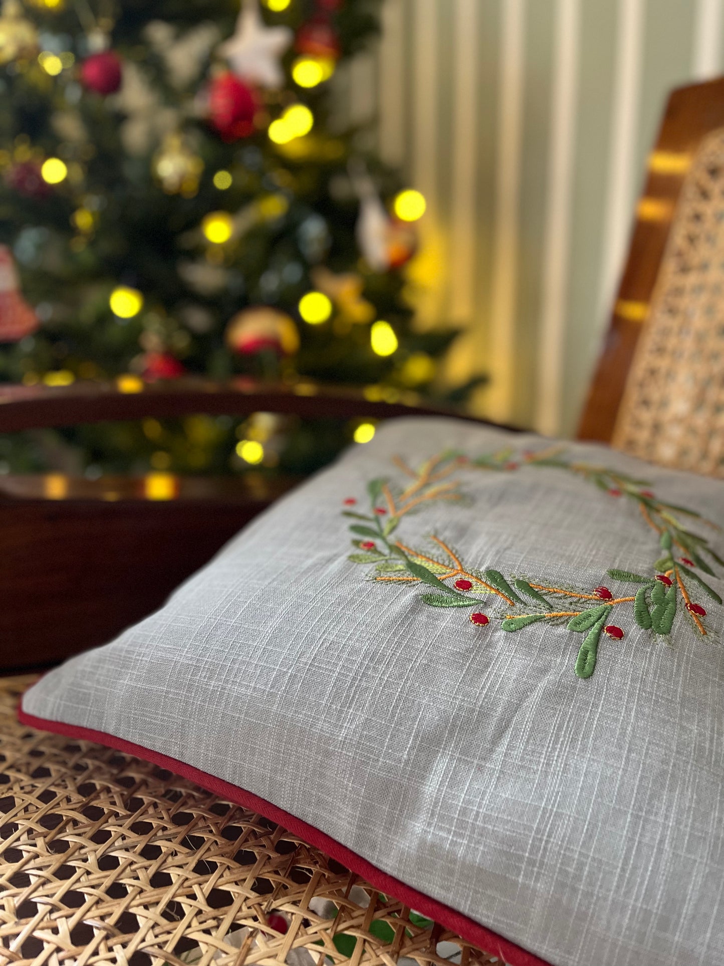 Christmas Cushion Cover- Holly and wreath