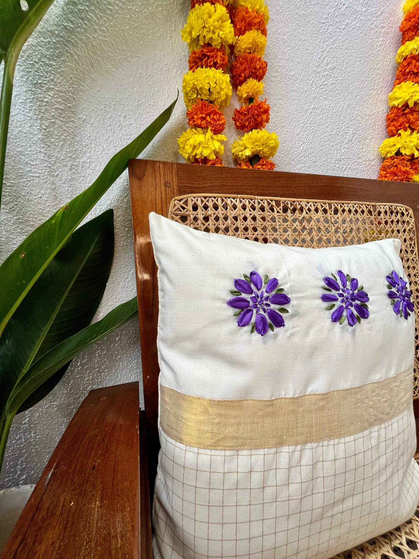 Cushion Cover - Pookkalam (Hand Embroidered)