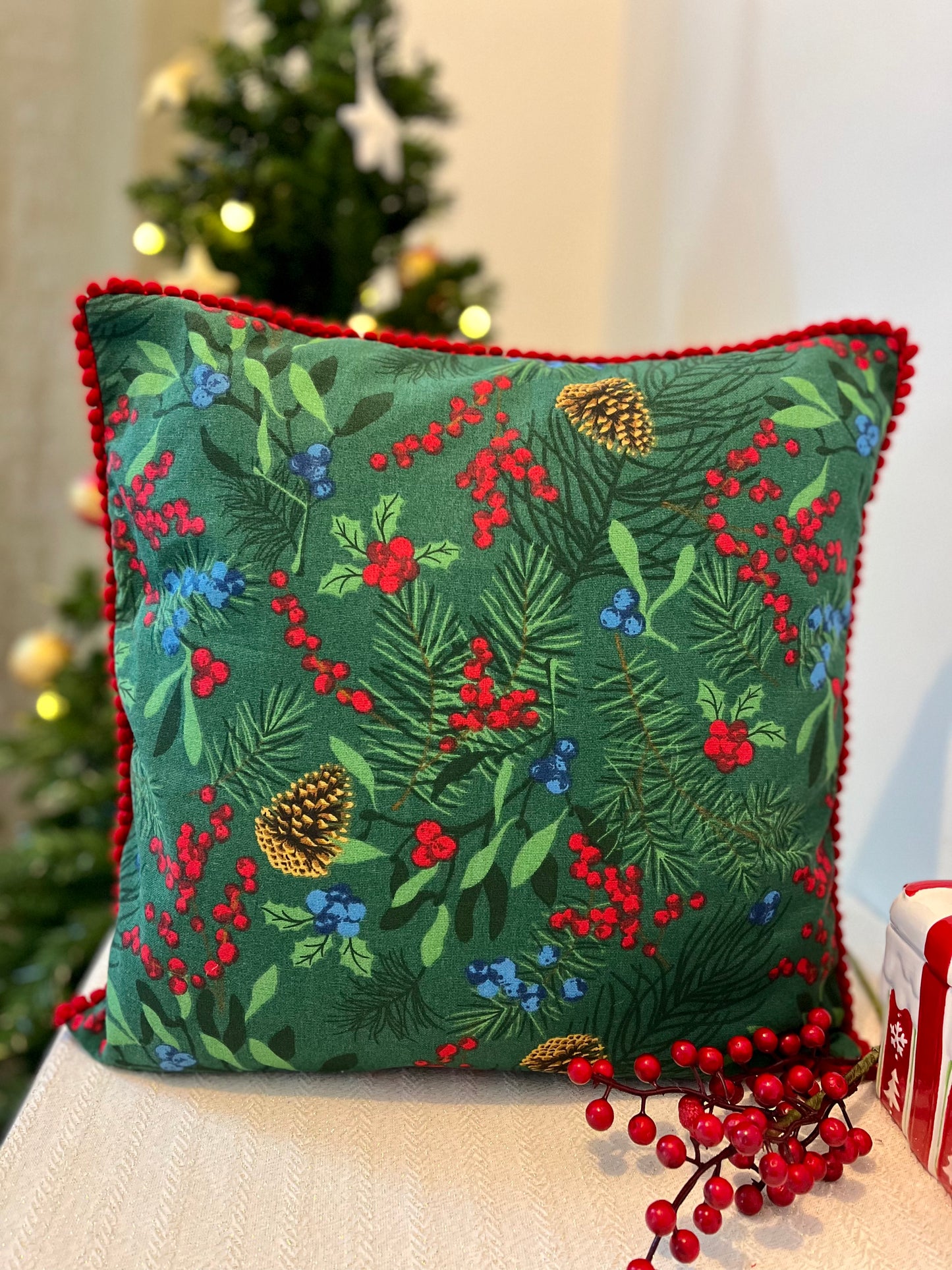 Christmas Cushion Cover- Pine cones & Cherry Bunch