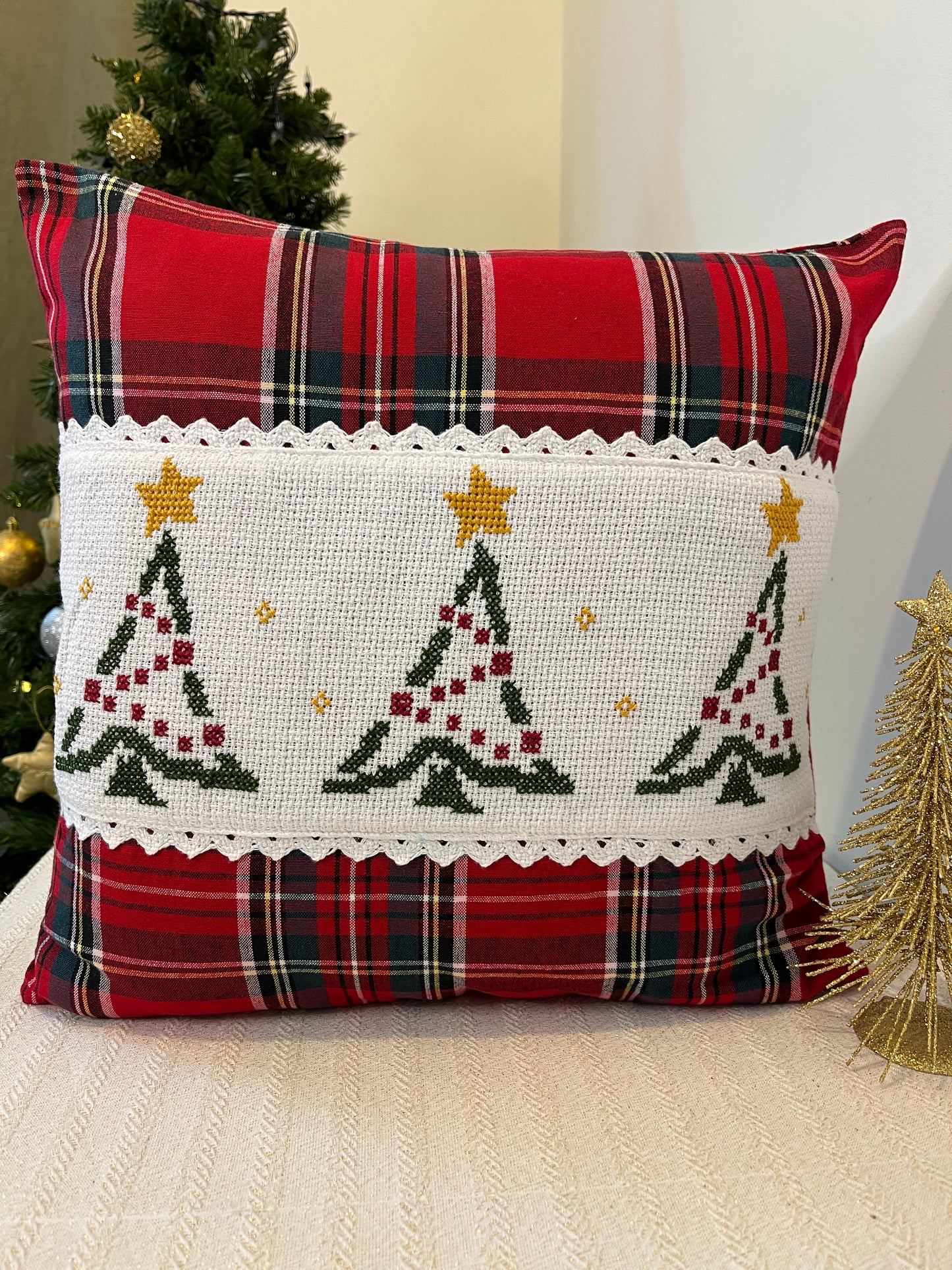 Christmas Cushion Cover - Tree and Star (Hand Embroidered)