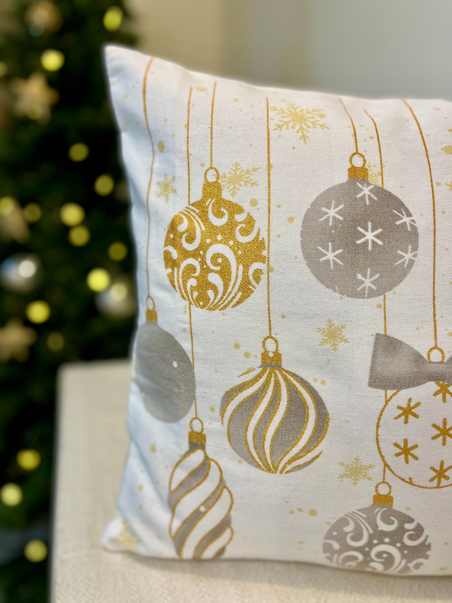 Christmas Cushion Cover - Gold & Grey Tree ornaments