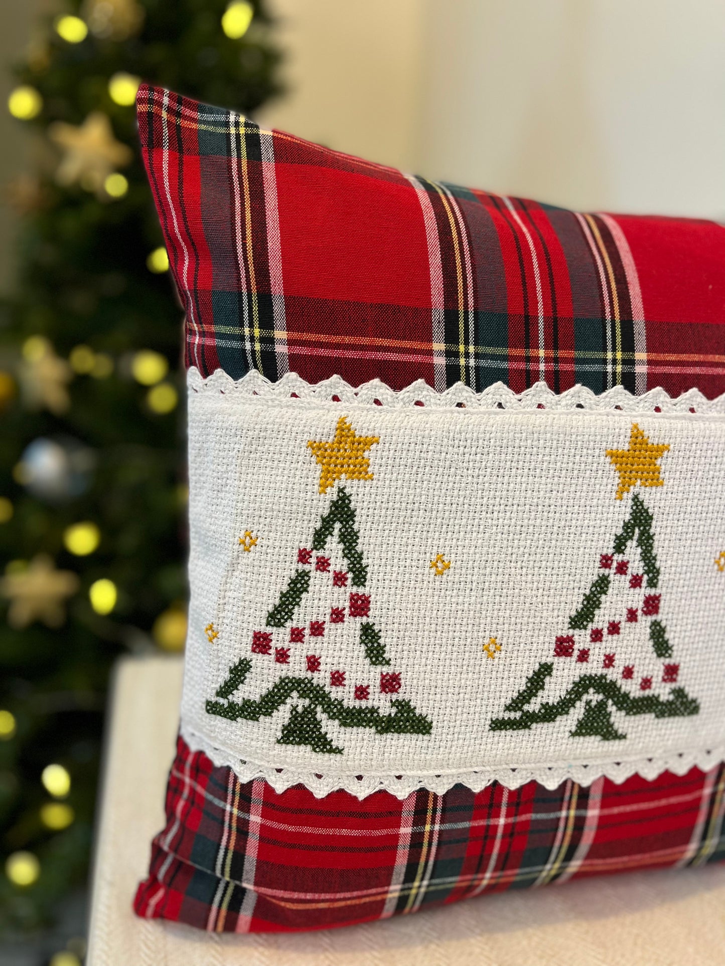 Christmas Cushion Cover - Tree and Star (Hand Embroidered)