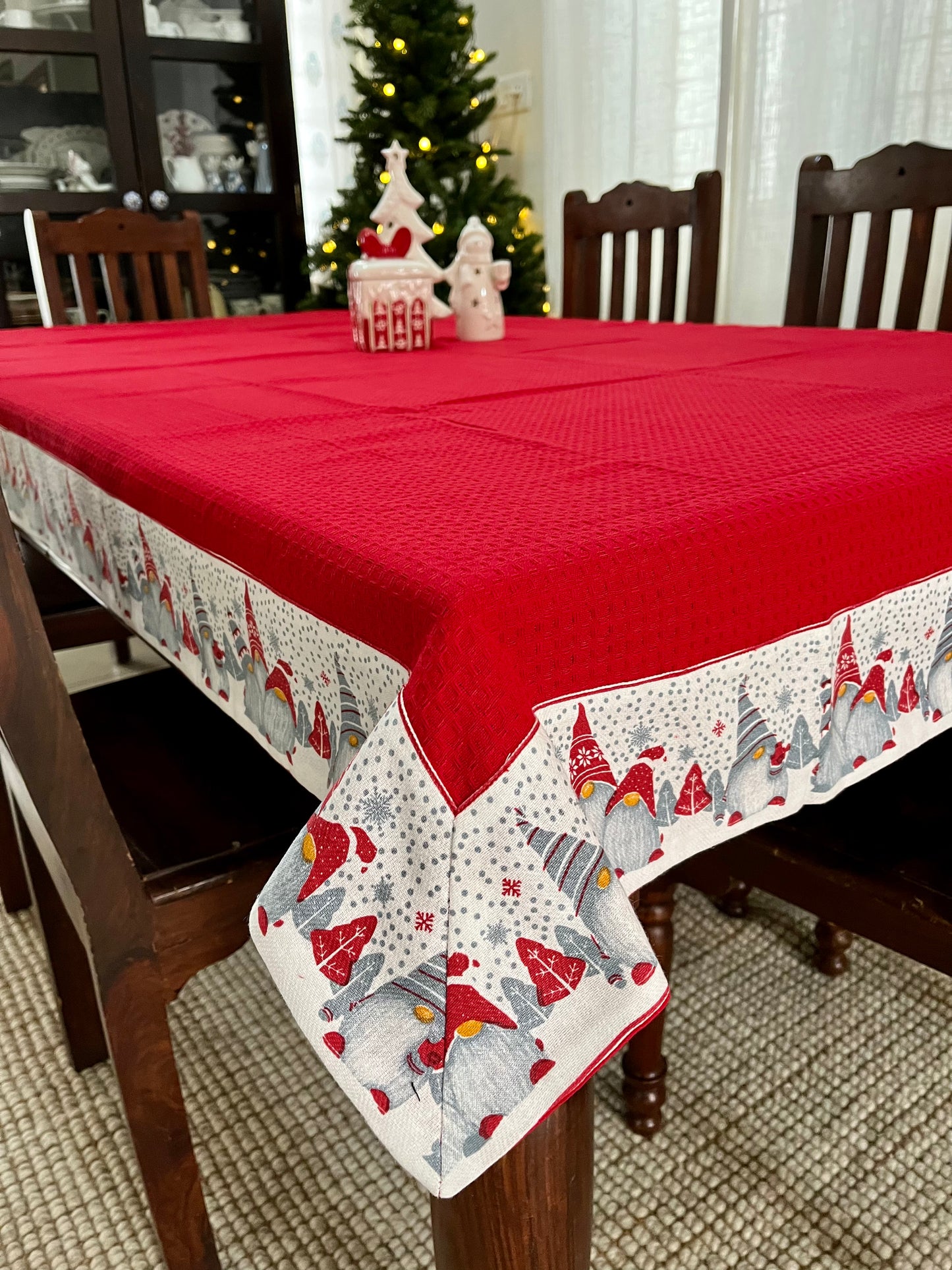 Christmas Tablecloth - Gnomes on Solid Red