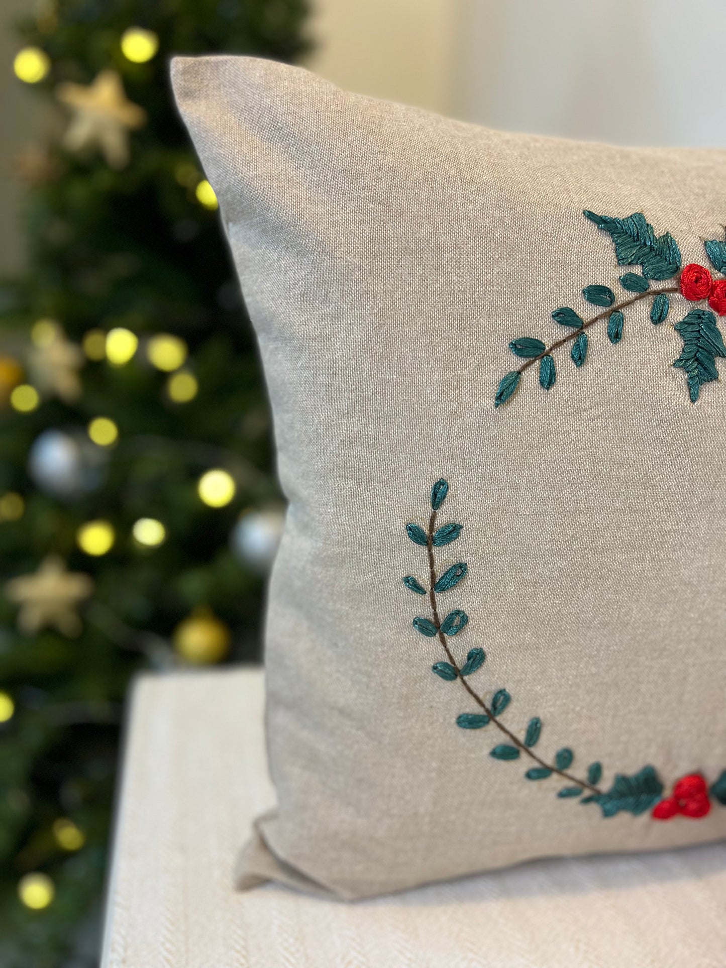 Christmas Cushion Cover - Holly Wreath ( Hand Embroidery)