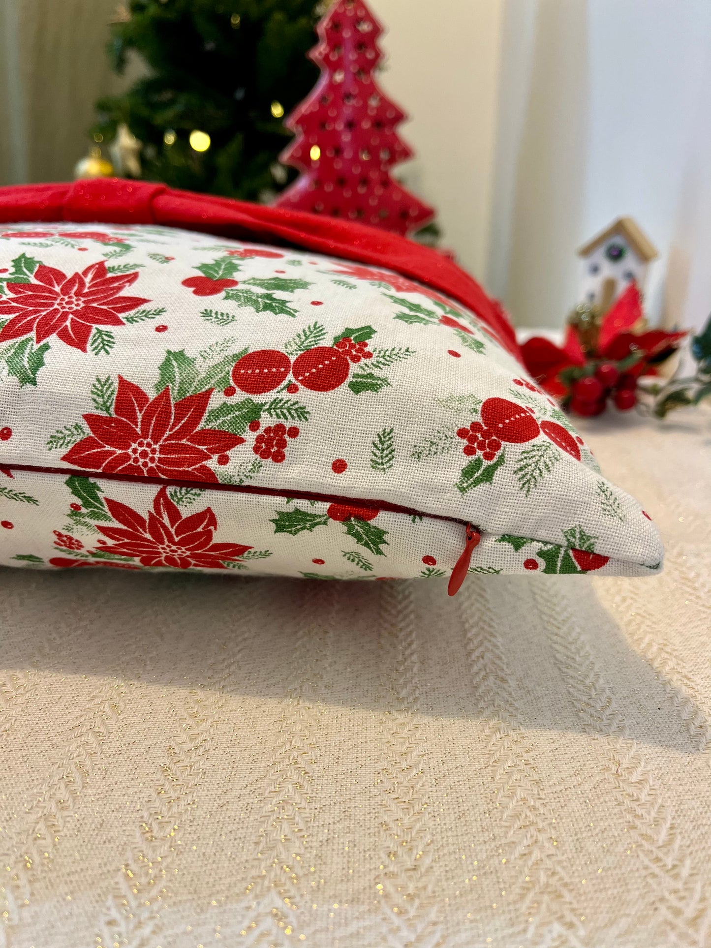 Christmas Cushion Cover - Shimmer Red Bow on Lil Poinsettia