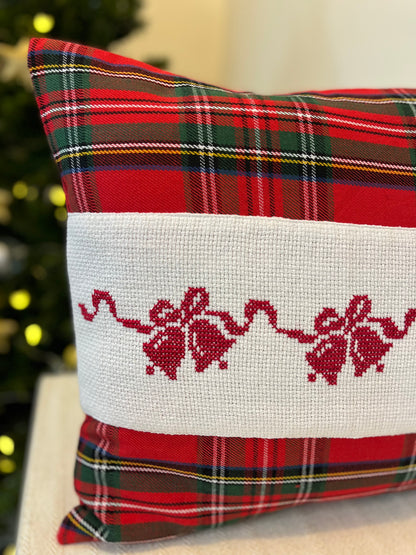 Christmas Cushion Cover - Red Bells on Tartan ( hand embroidered)