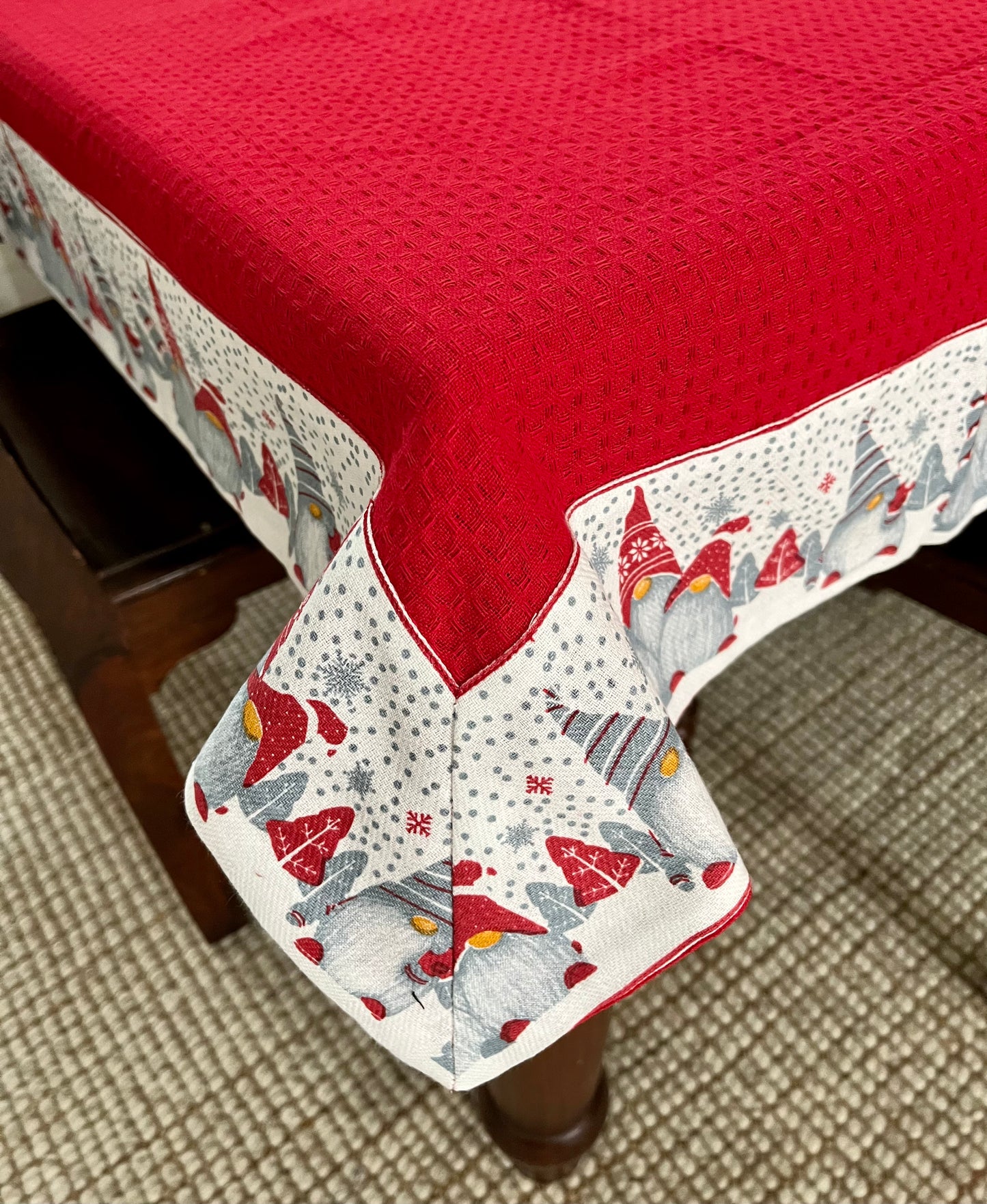 Christmas Tablecloth - Gnomes on Solid Red