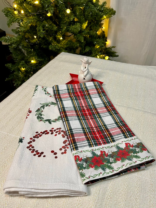 Christmas Kitchen Towels - Poinsettias and Wreaths