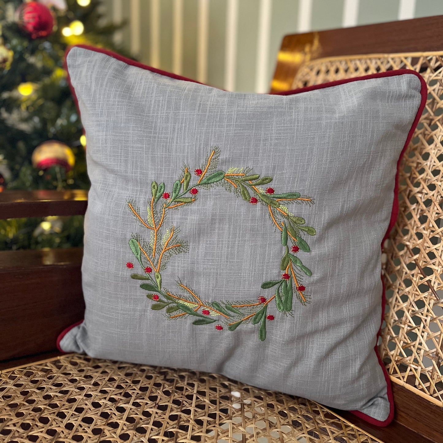 Christmas Cushion Cover- Holly and wreath