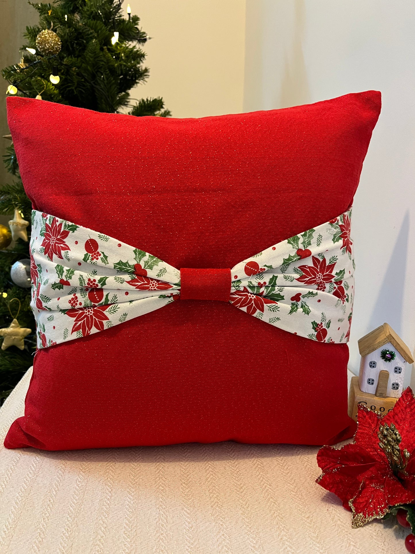 Christmas Cushion Cover -  Lil Poinsettia Bow on Red