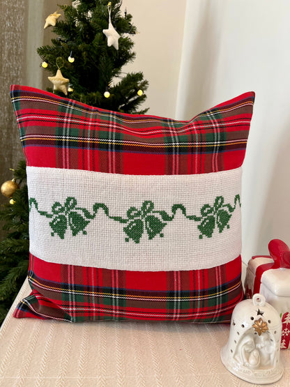 Christmas Cushion Cover -  Green Bells on Tartan