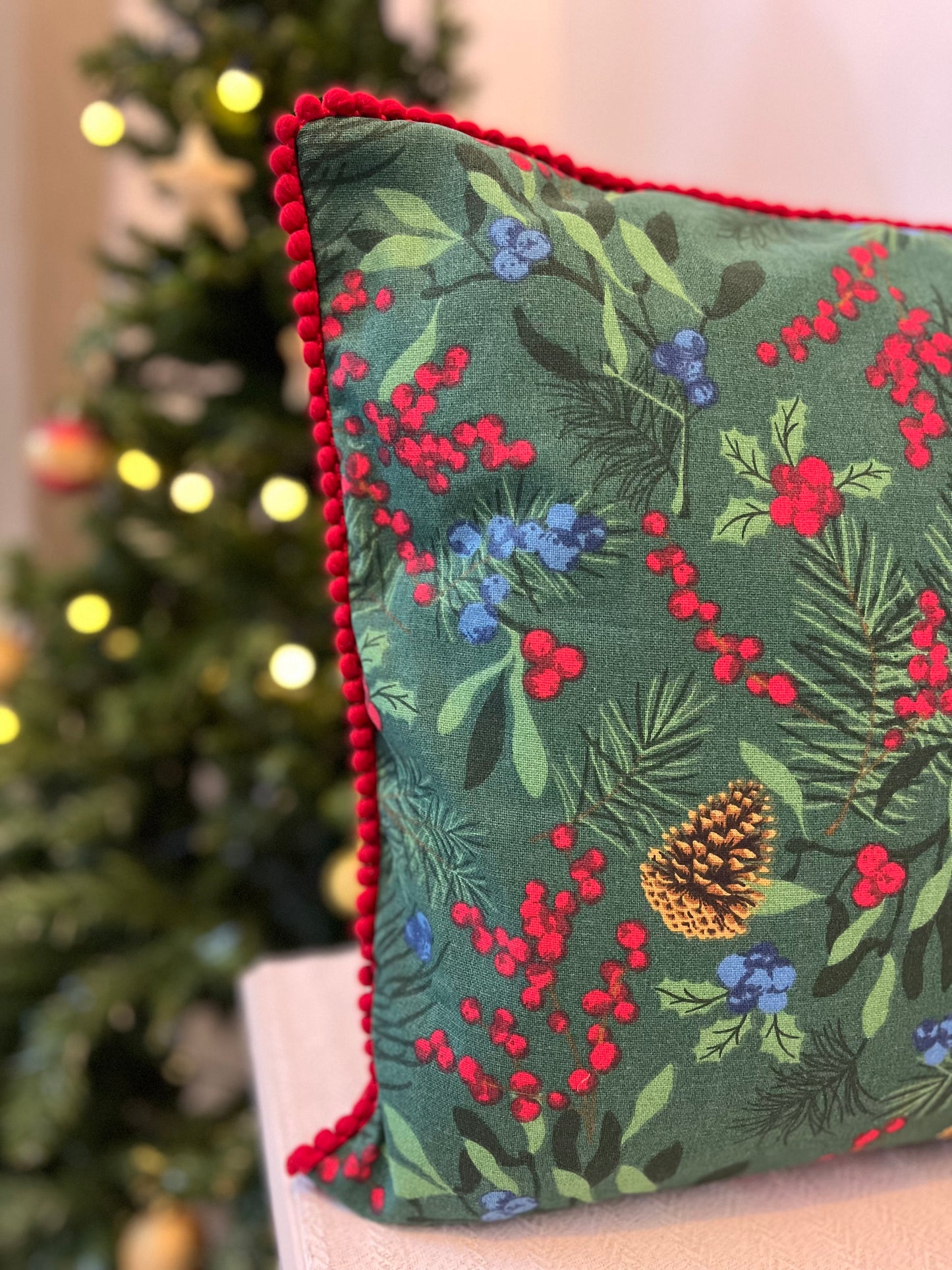 Christmas Cushion Cover- Pine cones & Cherry Bunch