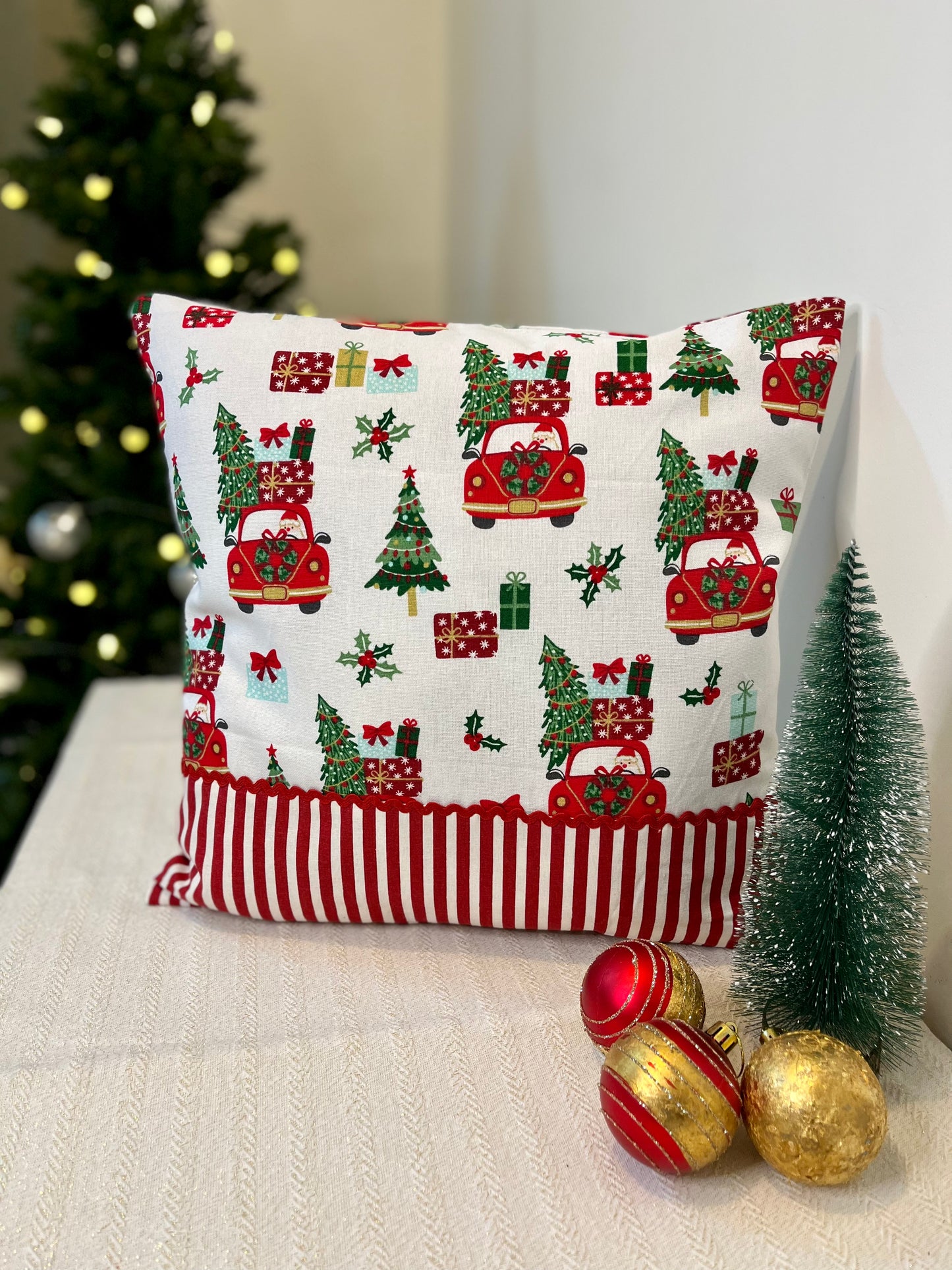 Christmas Cushion Cover - Truck & Candy Stripes