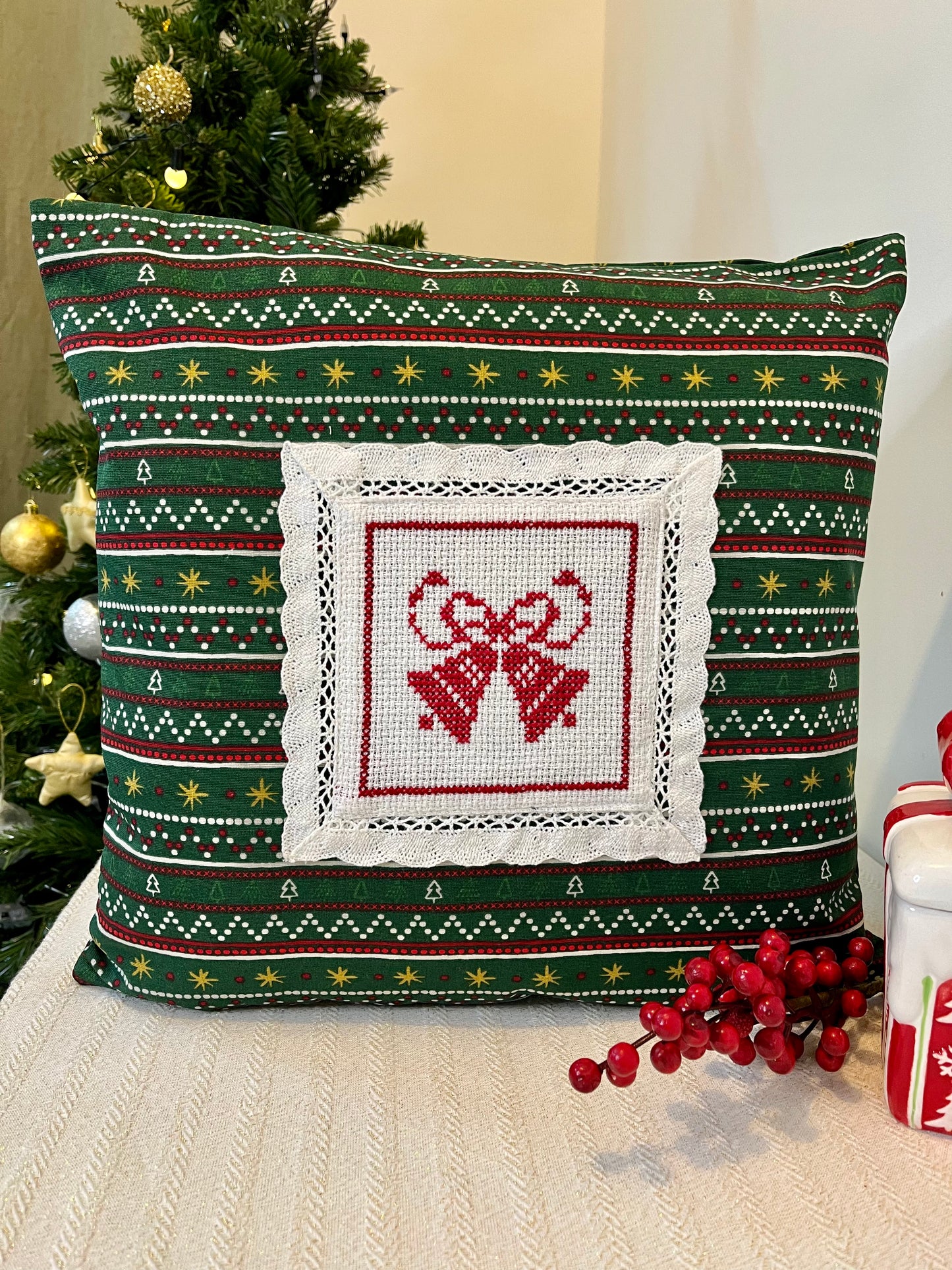 Christmas Cushion Cover - Bells on Meadows (Handworked)