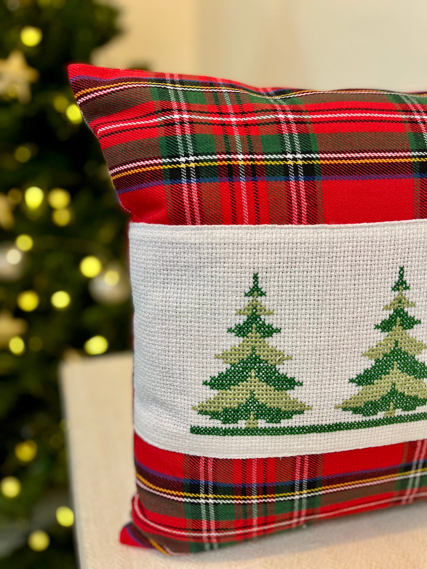 Christmas Cushion Covers - Trees on Plaid ( Handworked