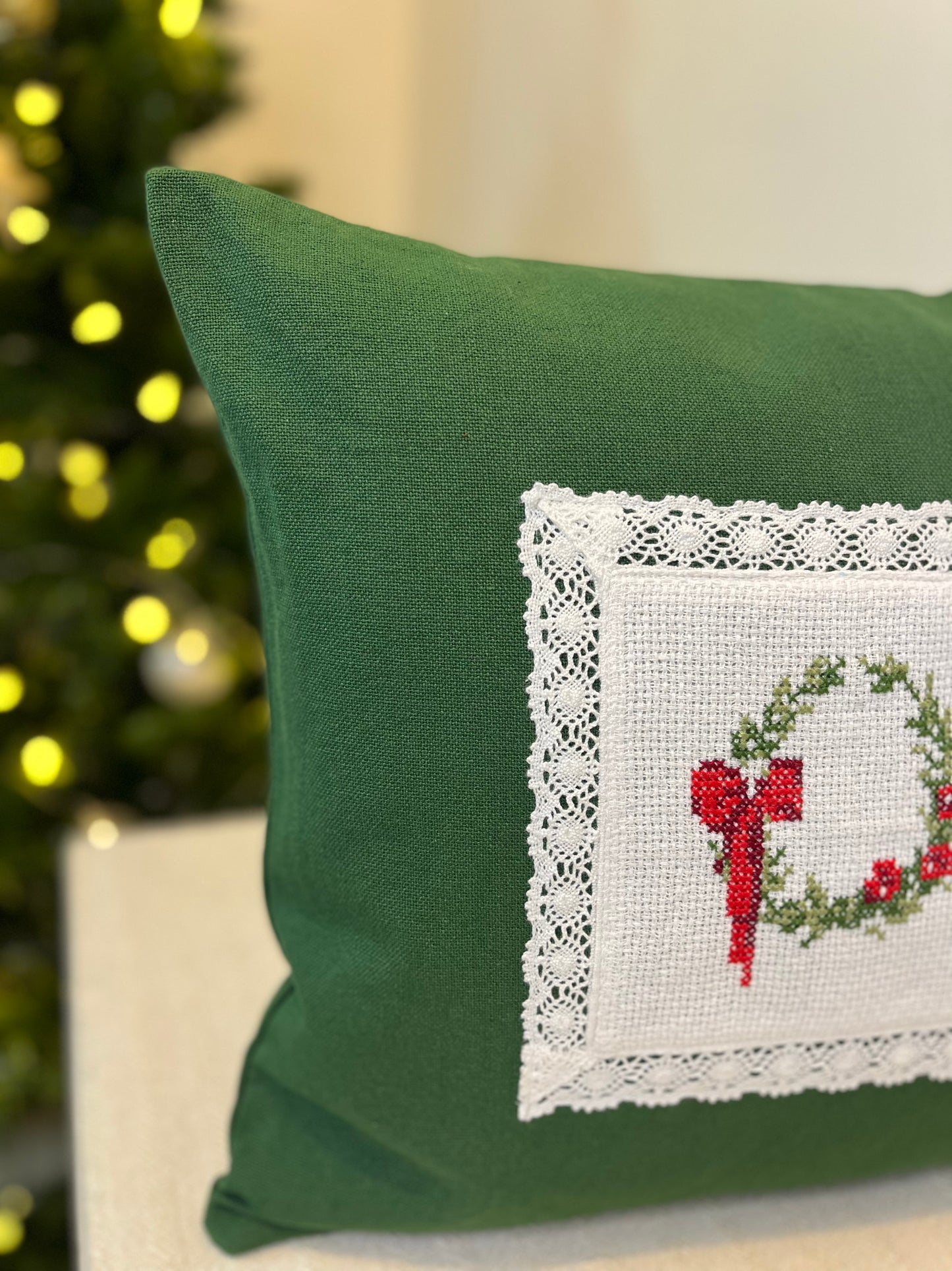 Christmas Cushion Covers -Wreath n Bow ( Hand embroidered)