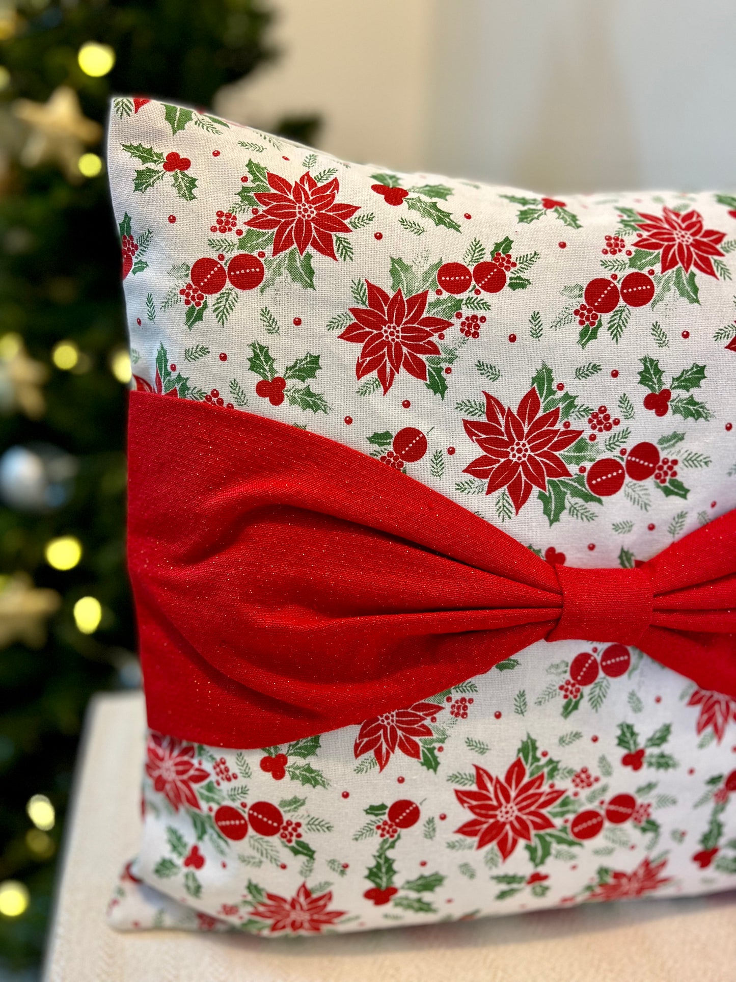 Christmas Cushion Cover - Shimmer Red Bow on Lil Poinsettia