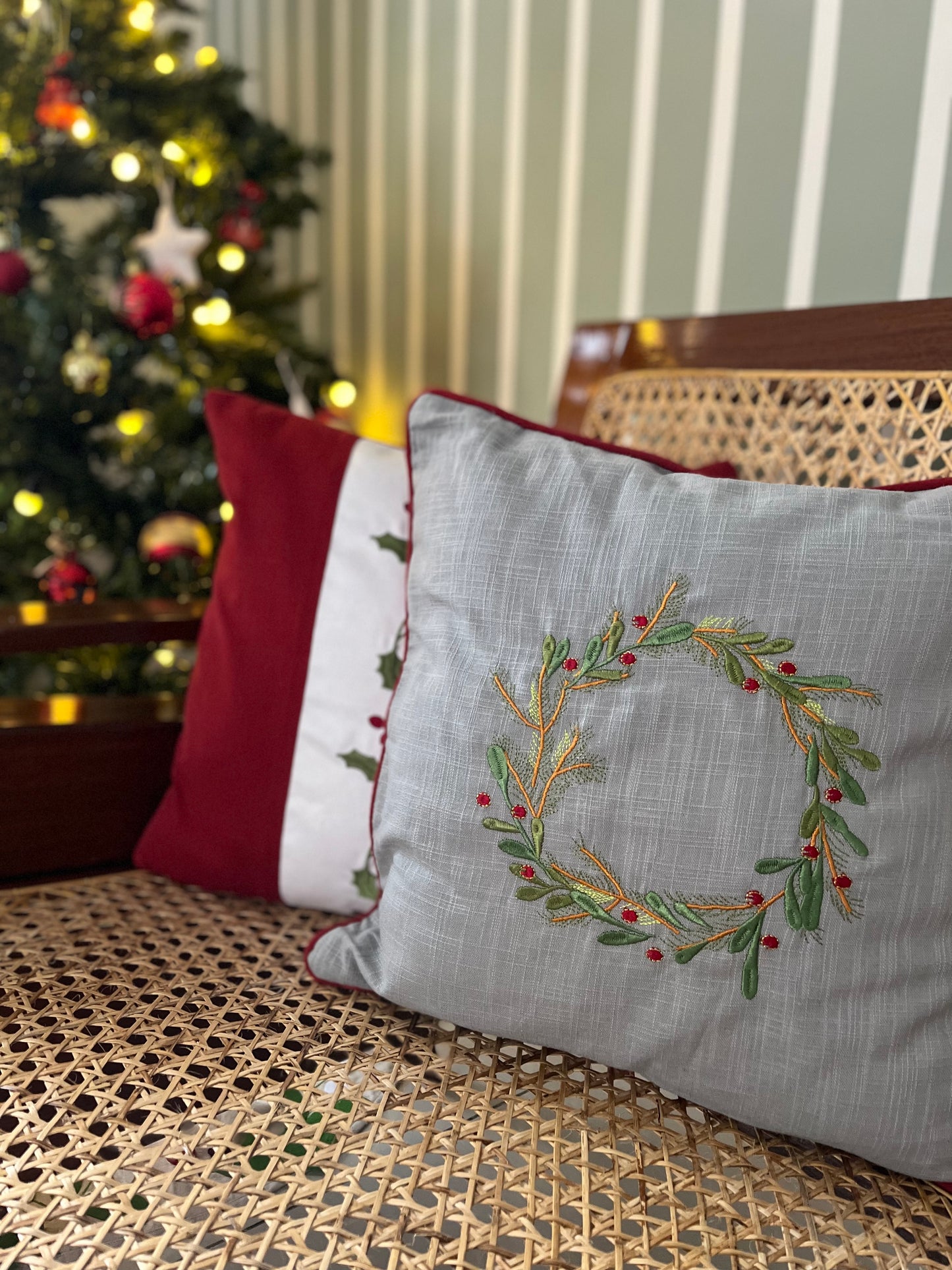 Christmas Cushion Cover- Holly and wreath