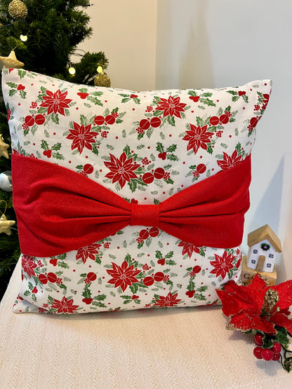 Christmas Cushion Cover - Shimmer Red Bow on Lil Poinsettia