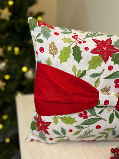 Christmas Cushion Cover - Red Bow on Poinsettias