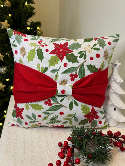 Christmas Cushion Cover - Red Bow on Poinsettias