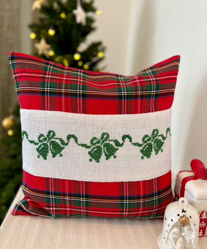 Christmas Cushion Cover -  Green Bells on Tartan