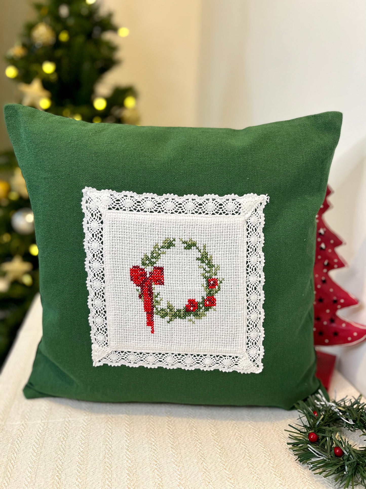 Christmas Cushion Covers -Wreath n Bow ( Hand embroidered)