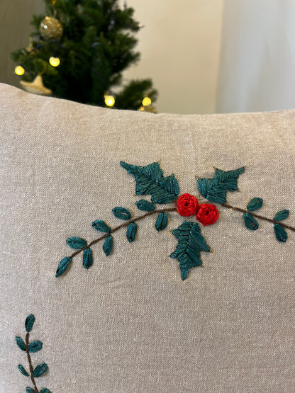 Christmas Cushion Cover - Holly Wreath ( Hand Embroidery)