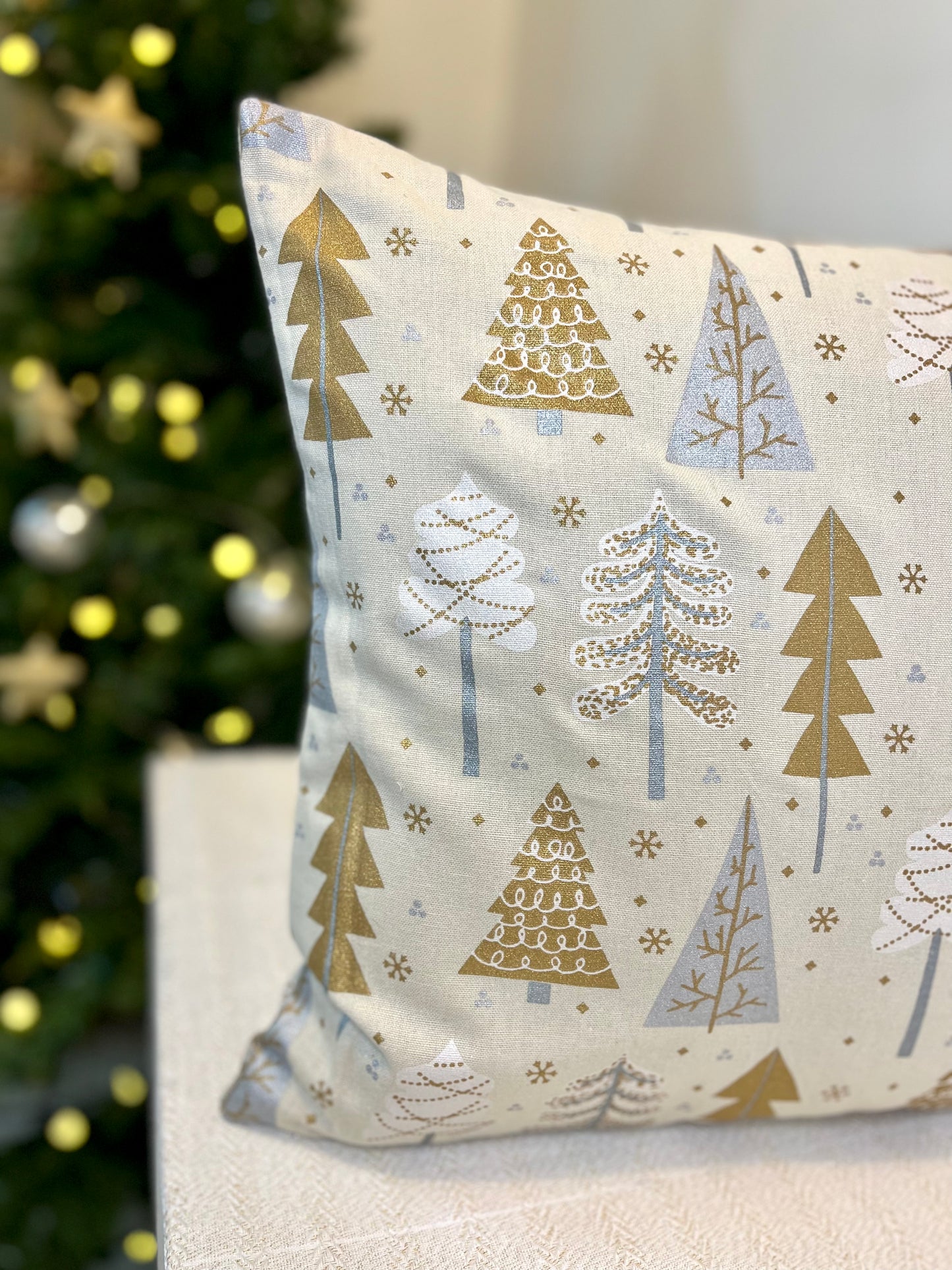 Christmas Cushion Cover- Gold and Silver Trees