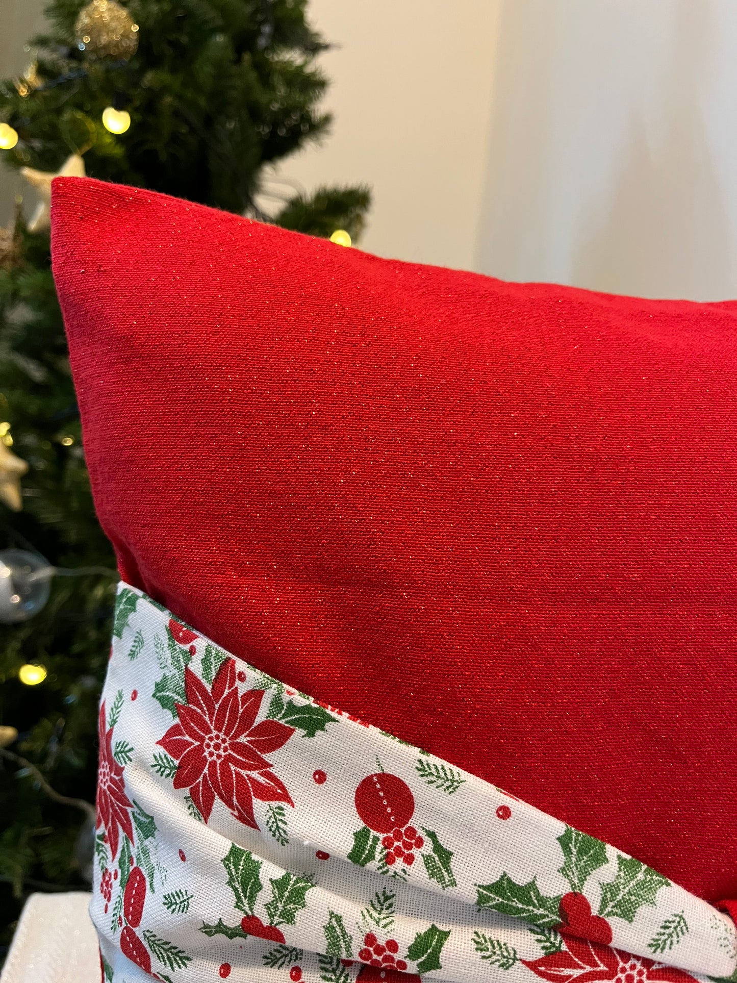 Christmas Cushion Cover -  Lil Poinsettia Bow on Red