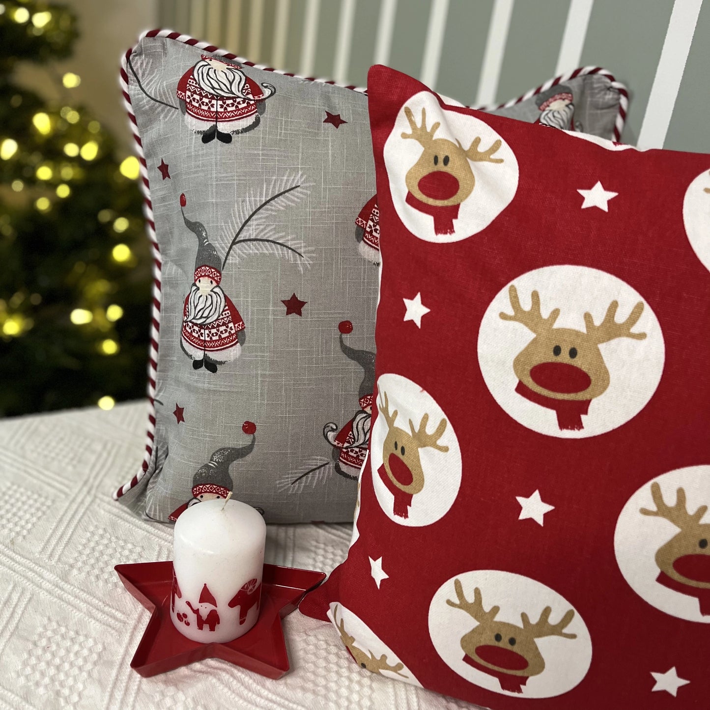 Christmas Cushion Cover - Gnomes in Candy Stripes