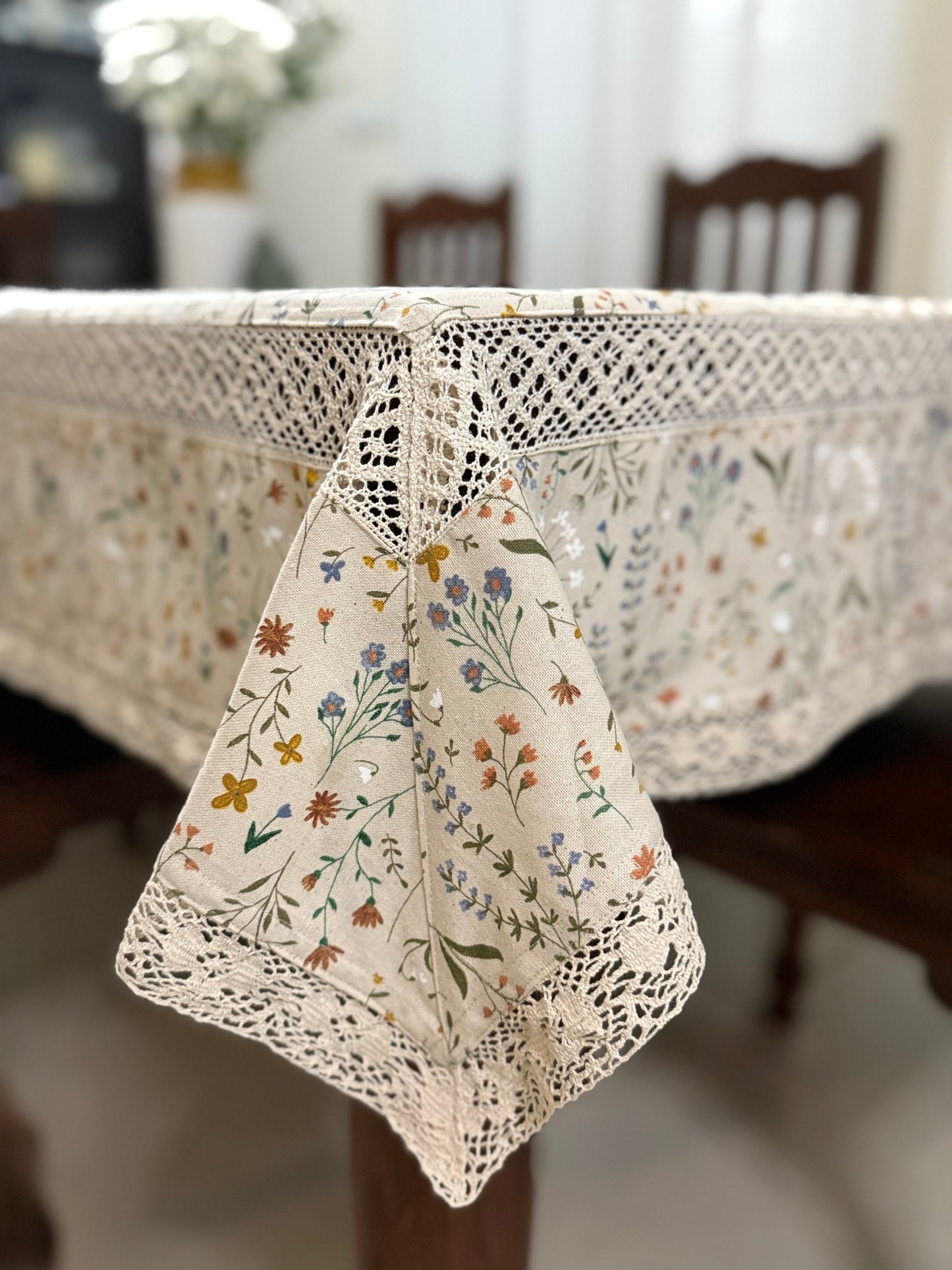 Tablecloth- Wild pastel Flowers on Beige ( 4 Seater)