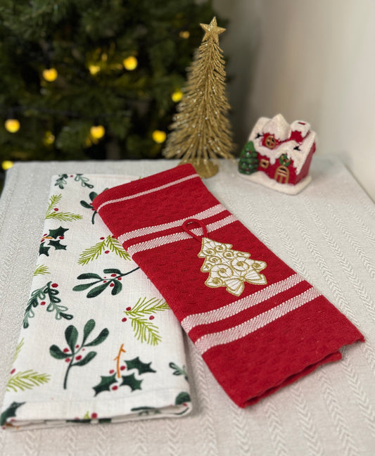 Christmas Kitchen Towels- Hollies & Trees
