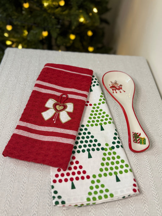 Christmas Kitchen Towel - Bow and Trees